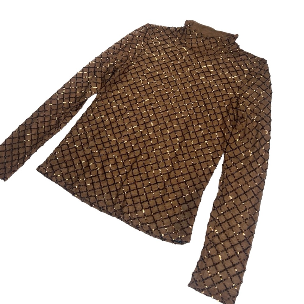 Anthropologie PILCRO Bronze Sequin Mesh Long Sleeve Turtleneck Top Medium NWT - Picture 5 of 16